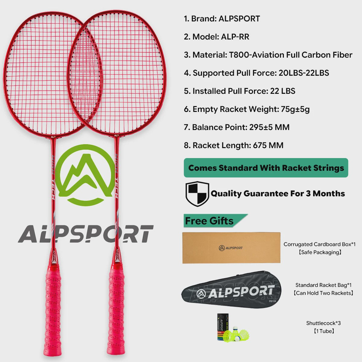 ALPSPORT RR Carbon Fiber Badminton Racket Set (2 stuks) - Offensief, 26LBS, Inclusief Tas & Shuttlecock - Ideaal voor Tieners
