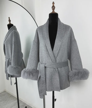 Luxe Dames Woljas met Bontkraag en Riem - Kort & Elegant