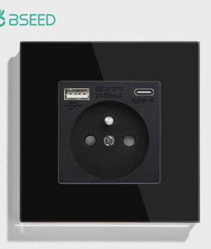 BSEED Wandcontactdoos met Dubbele USB & Type-C Poorten - Stijlvol Glazen Frame