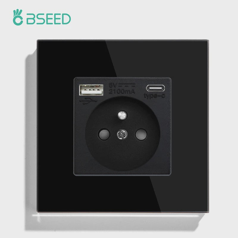 BSEED Wandcontactdoos met Dubbele USB & Type-C Poorten - Stijlvol Glazen Frame
