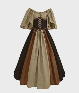 Middeleeuwse Retro Jurk met Contrastkleuren en Off-Shoulder Halslijn