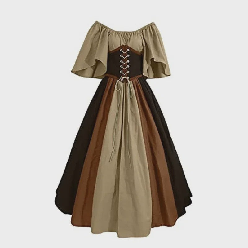 Middeleeuwse Retro Jurk met Contrastkleuren en Off-Shoulder Halslijn