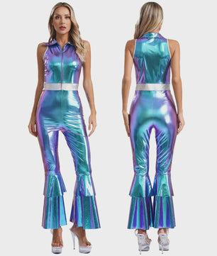 Dames Jumpsuit 70s Disco Metallic Met Wijde Pijpen en Flare Mouwen