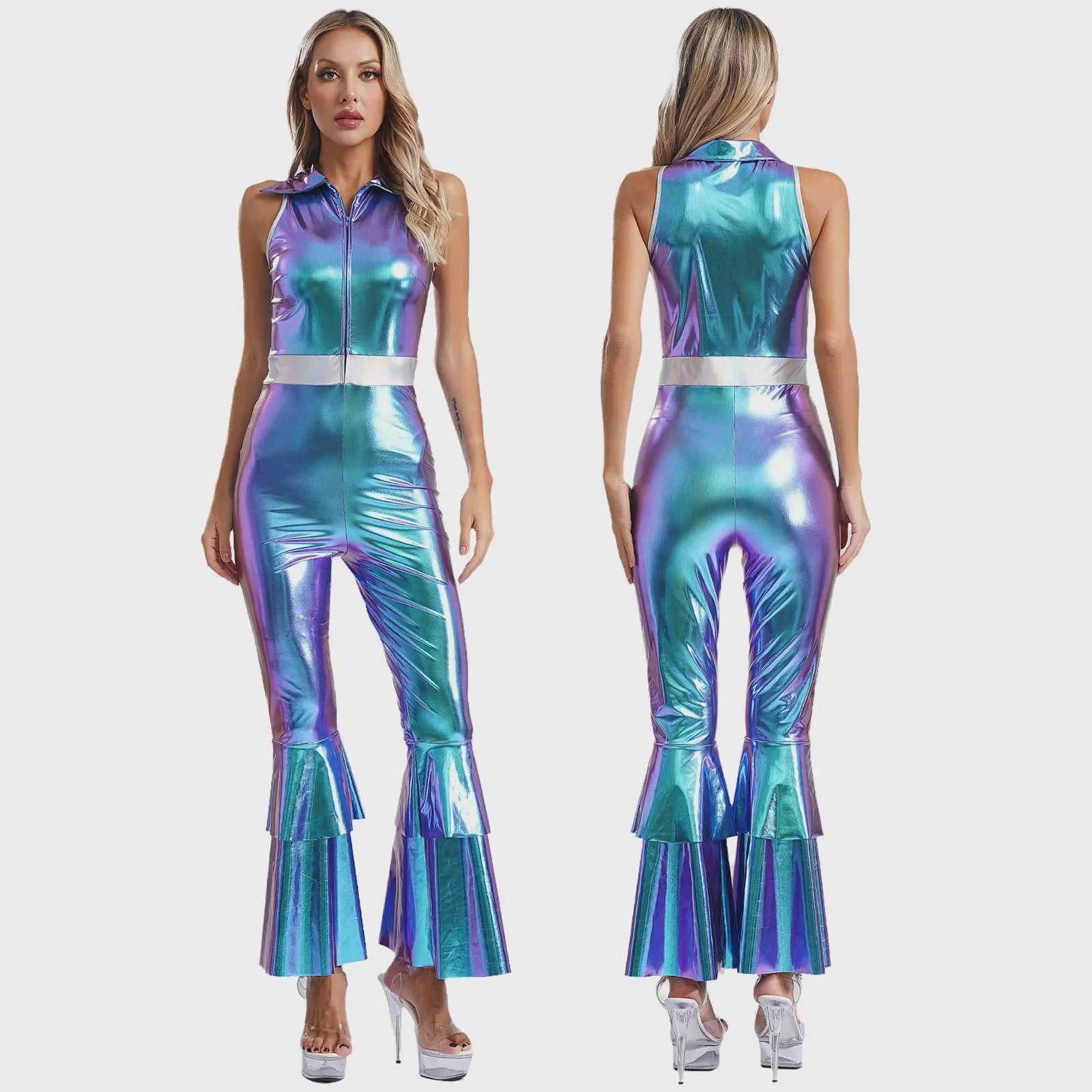 Dames Jumpsuit 70s Disco Metallic Met Wijde Pijpen en Flare Mouwen