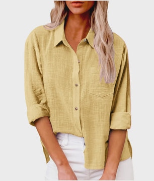 Dames Blouse met Lange Mouwen - Katoen Linnen Look