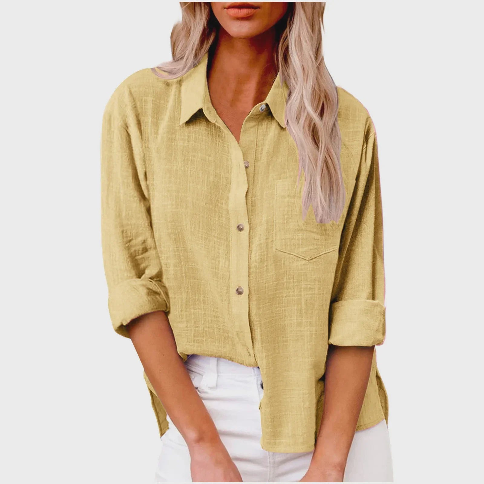 Dames Blouse met Lange Mouwen - Katoen Linnen Look