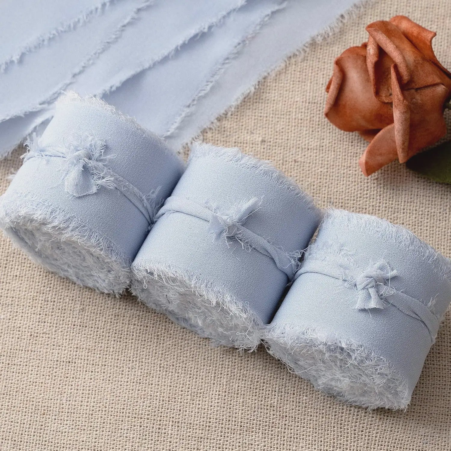 Handgemaakte Satijn Chiffon Lint Set - 3 Rollen van 5m met Rafeleffect voor Bruiloft, Cadeau & DIY Decoratie