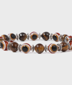 Set van 2 Handgemaakte Natuursteen Armbanden met Hanger Oog van Fatima & Lavasteen/Hematiet