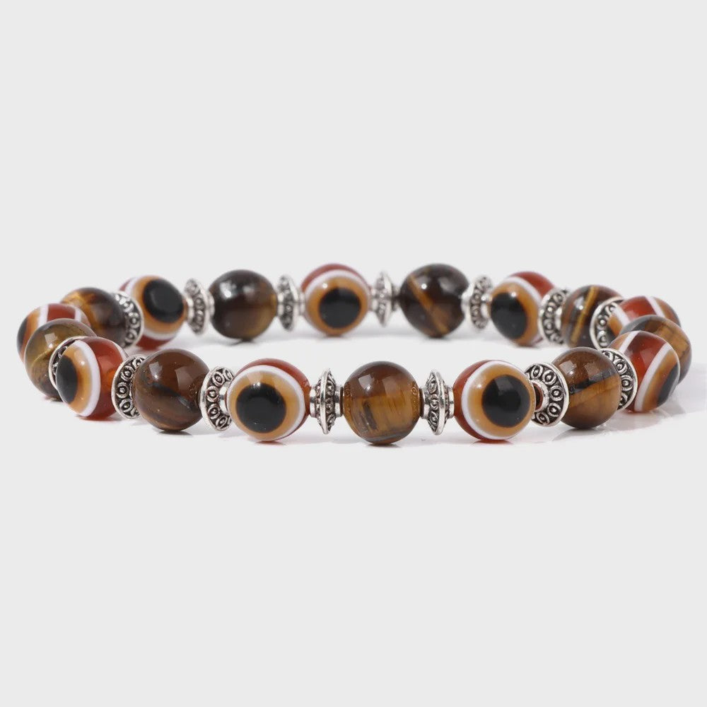Set van 2 Handgemaakte Natuursteen Armbanden met Hanger Oog van Fatima & Lavasteen/Hematiet