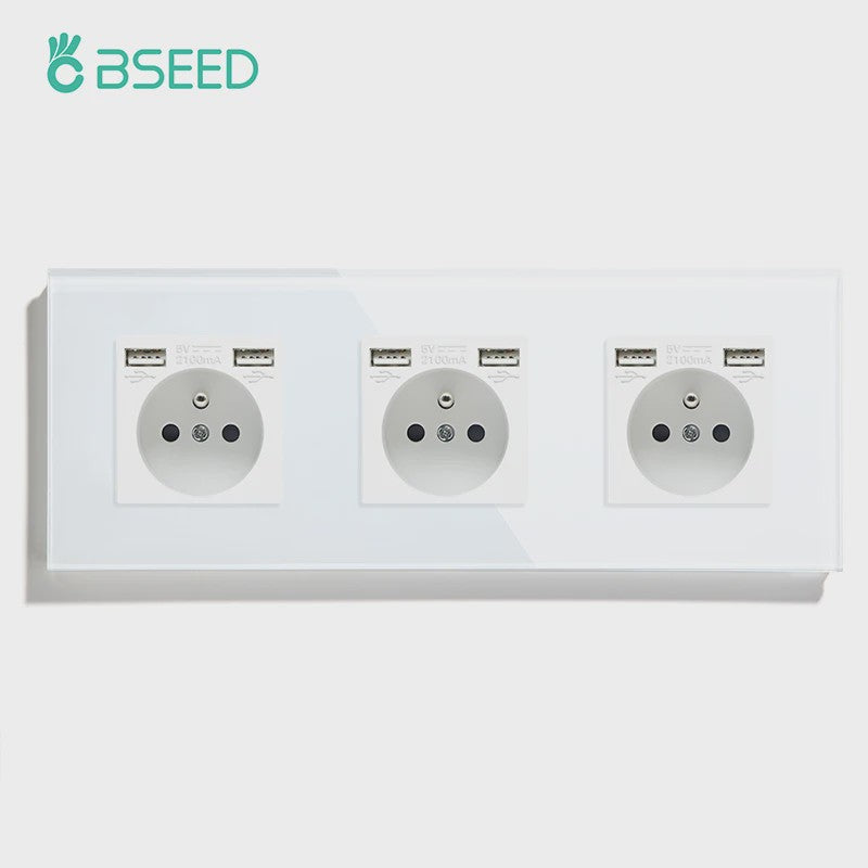 BSEED Wandcontactdoos met Dubbele USB & Type-C Poorten - Stijlvol Glazen Frame