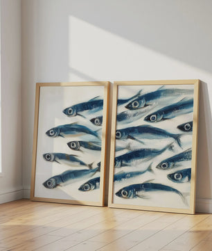 Retro Blauwe Sardine Canvas Poster - Mediterrane Stijl Wanddecoratie