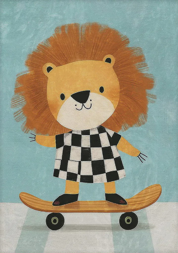 Vrolijke Dieren Canvas Posters - Leeuw, Hond, Beer & Cheetah op Skateboard - Kinderkamer Decoratie