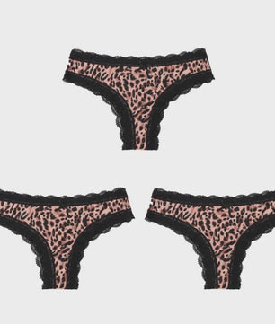 3-Pack Dames Slipjes met Kantrand - Low-Waist Thong & G-String in Luipaardprint en Effen Kleuren