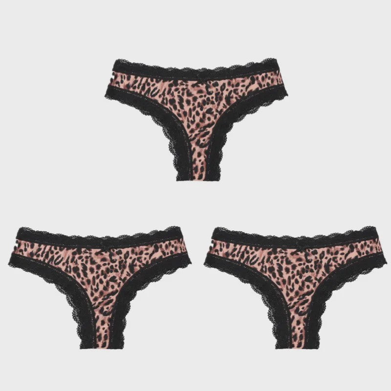 3-Pack Dames Slipjes met Kantrand - Low-Waist Thong & G-String in Luipaardprint en Effen Kleuren