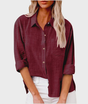 Dames Blouse met Lange Mouwen - Katoen Linnen Look