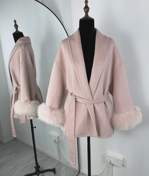 Luxe Dames Woljas met Bontkraag en Riem - Kort & Elegant