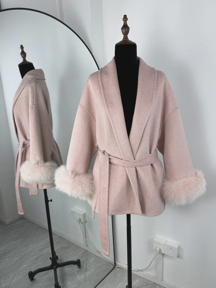 Luxe Dames Woljas met Bontkraag en Riem - Kort & Elegant