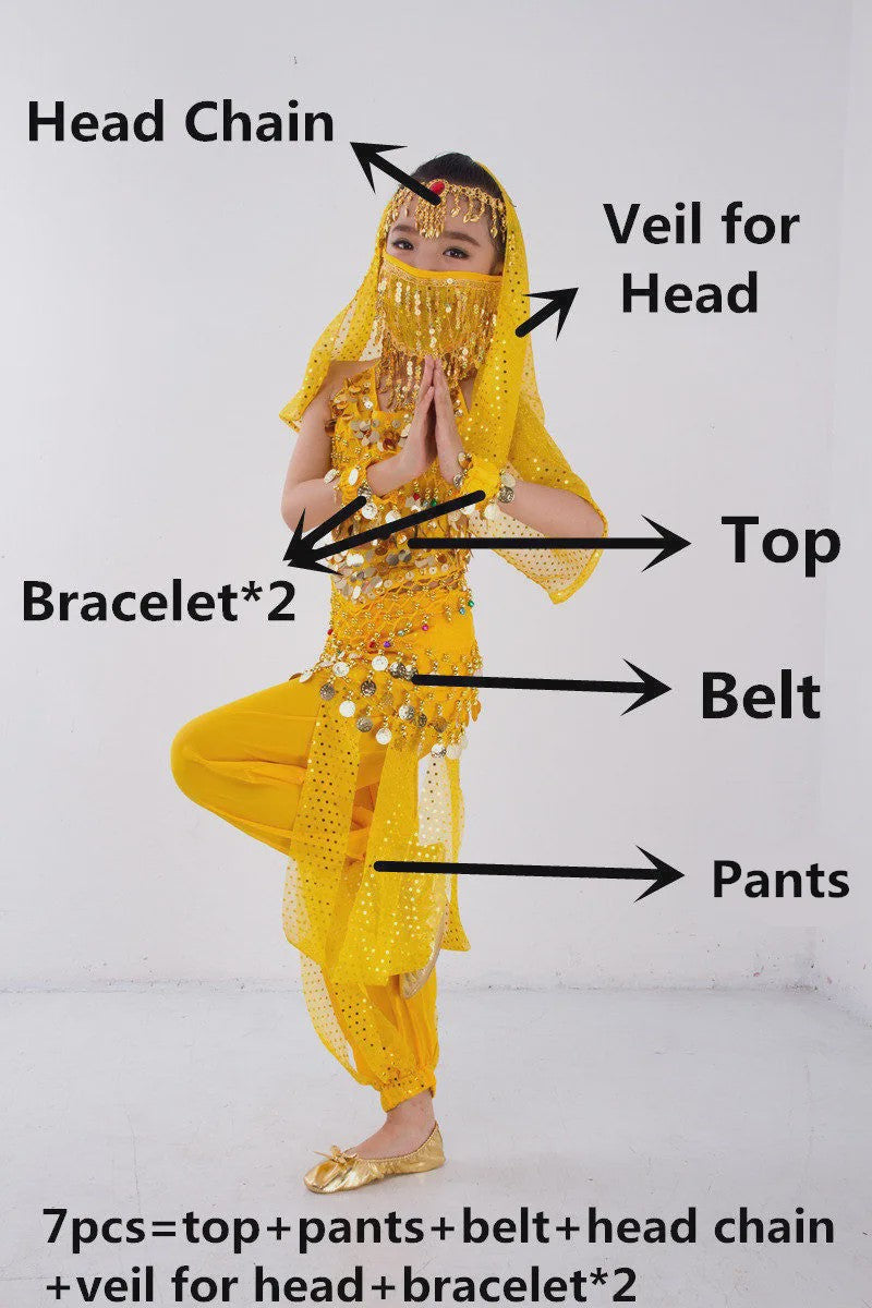 Kind Buikdans Kostuum Set: Broek, Sluier & Accessoires (2-8 Delig)