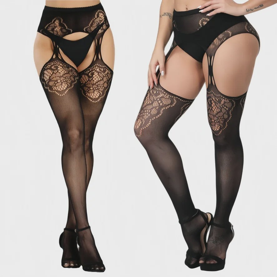 Ultra Dunne Kant Kousen tot Boven de Knie voor Plus Size Dames - Zwart & Wit