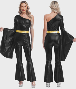 Dames Jumpsuit 70s Disco Metallic Met Wijde Pijpen en Flare Mouwen