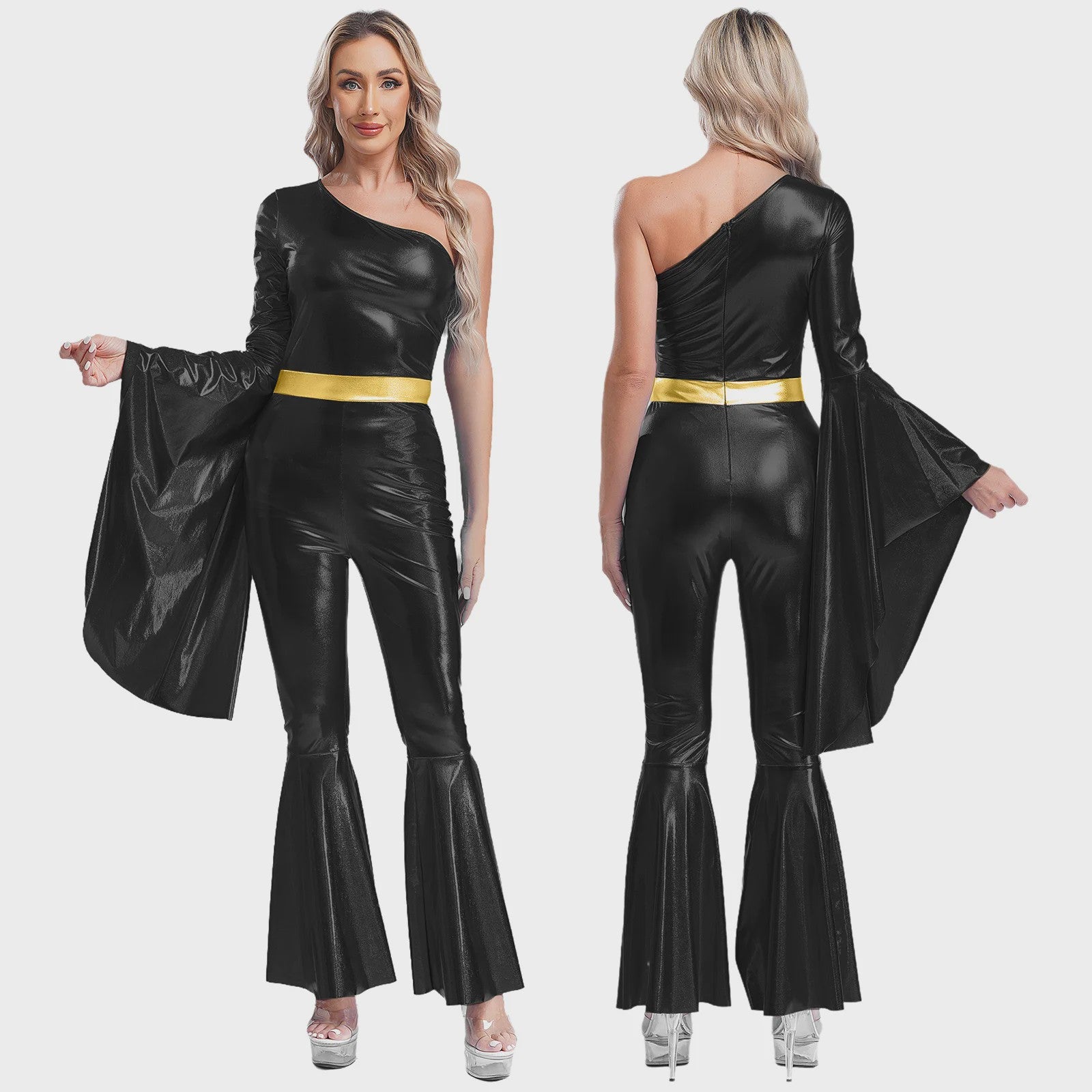 Dames Jumpsuit 70s Disco Metallic Met Wijde Pijpen en Flare Mouwen