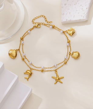 Gouden Roestvrij Staal Enkelbandjes met Parels en Kleurrijke Bedels - Zomer Sieraden