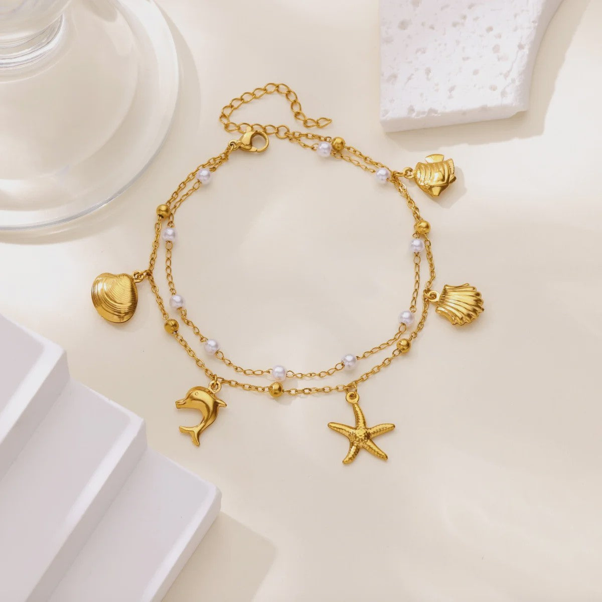 Gouden Roestvrij Staal Enkelbandjes met Parels en Kleurrijke Bedels - Zomer Sieraden