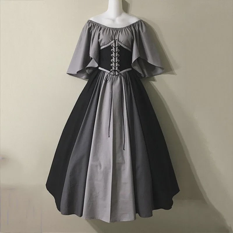 Middeleeuwse Retro Jurk met Contrastkleuren en Off-Shoulder Halslijn