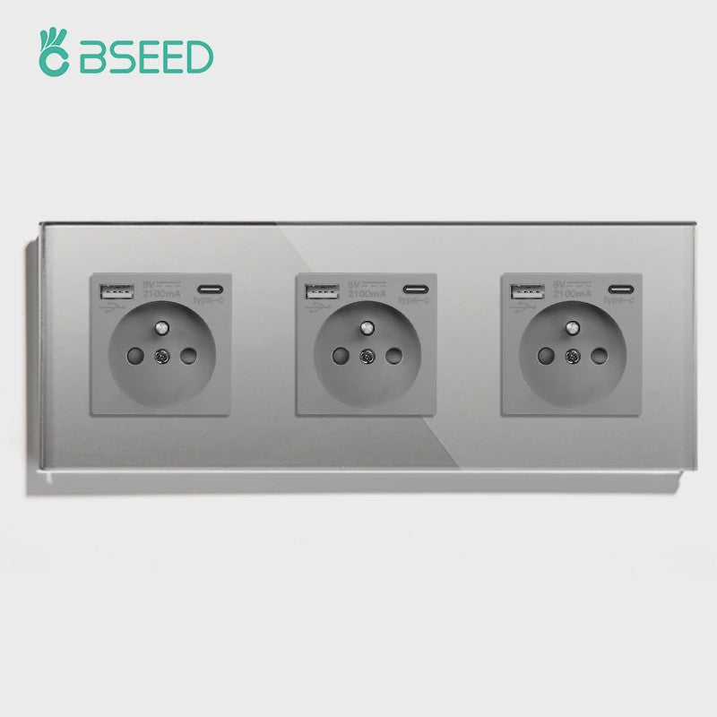 BSEED Wandcontactdoos met Dubbele USB & Type-C Poorten - Stijlvol Glazen Frame
