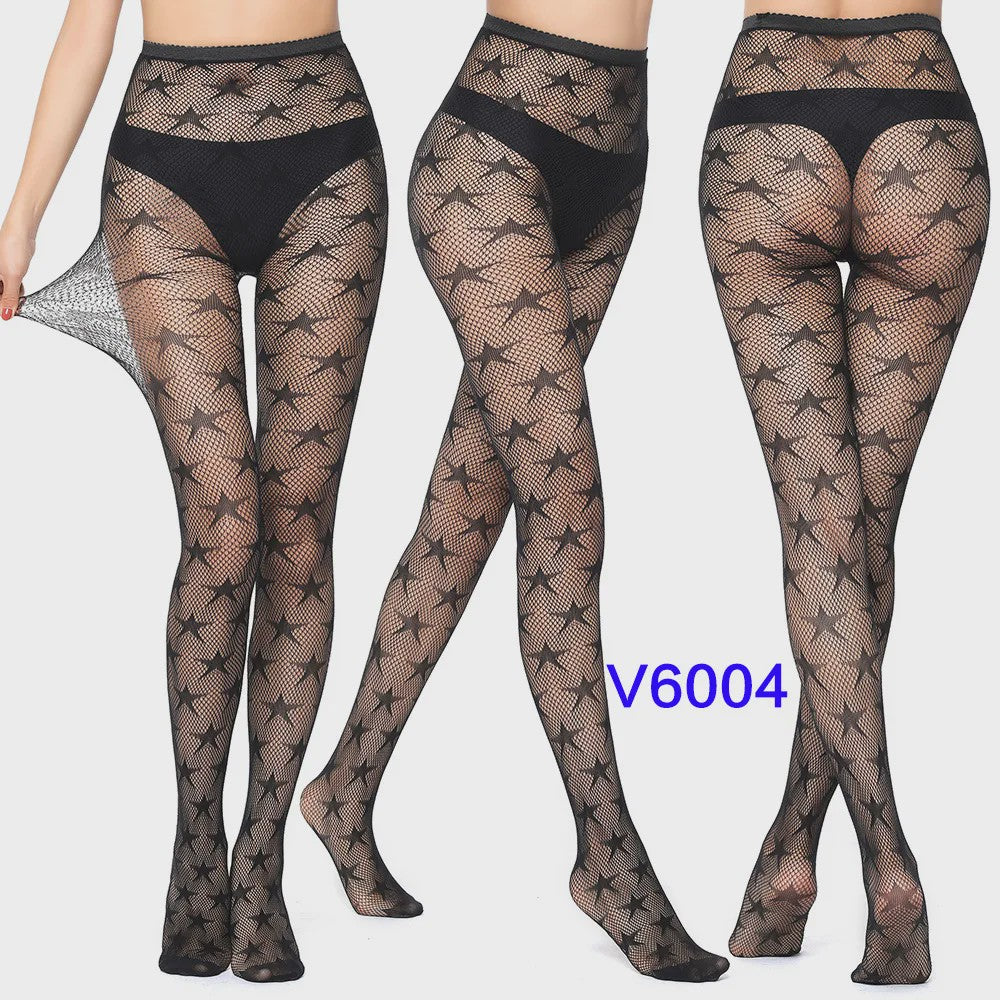 Dames Visnet Panty's met Jacquard Weefsel - Gothic Kant & Spider Net Stijl