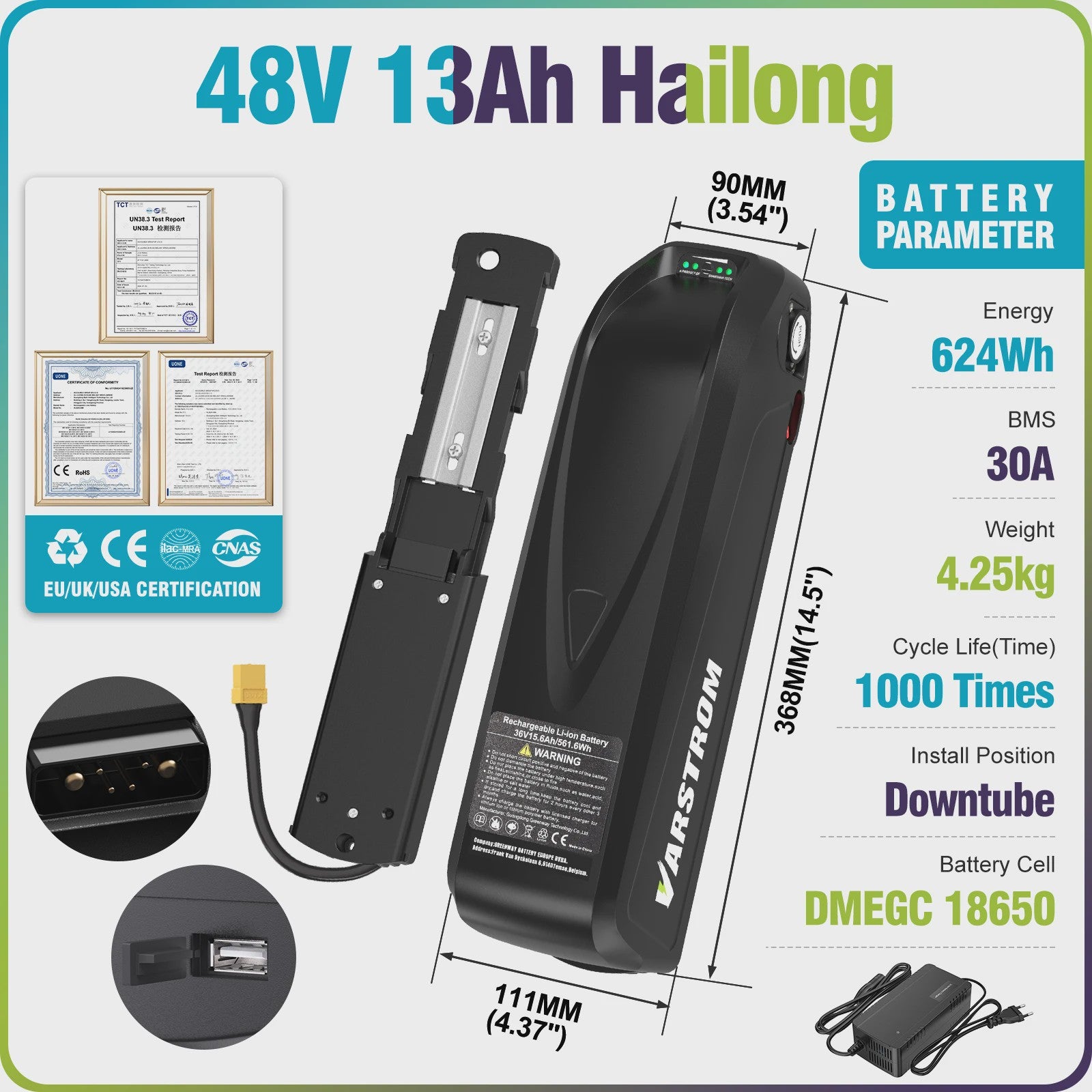 Varstrom E-bike Batterij 36V/48V/52V - Krachtige Lithium Accu met 40A BMS & Lange Levensduur