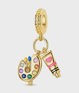 925 Sterling Zilveren Bedel: Gouden Strik met Roze Hart & Kruis met Oog van Horus