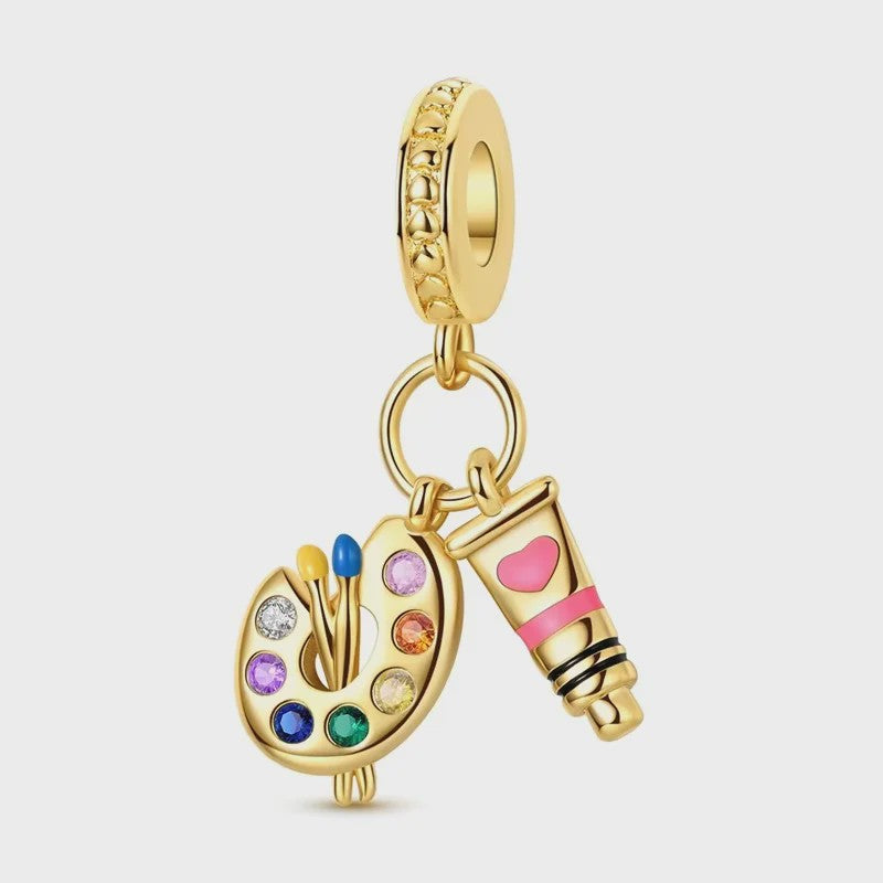 925 Sterling Zilveren Bedel: Gouden Strik met Roze Hart & Kruis met Oog van Horus