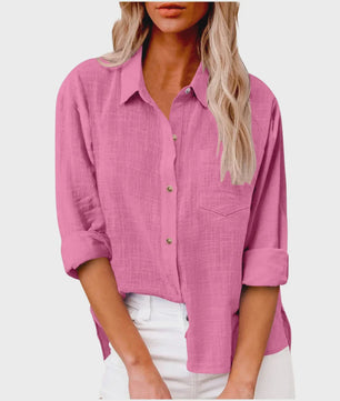 Dames Blouse met Lange Mouwen - Katoen Linnen Look