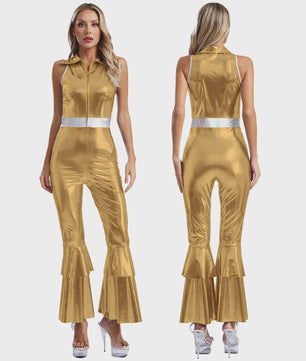 Dames Jumpsuit 70s Disco Metallic Met Wijde Pijpen en Flare Mouwen