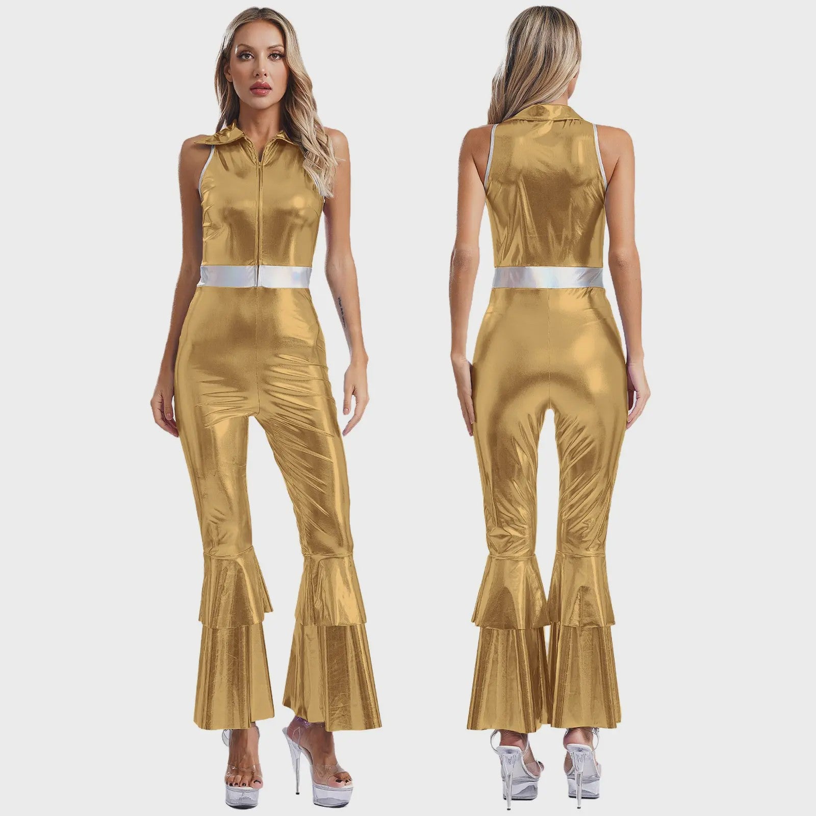 Dames Jumpsuit 70s Disco Metallic Met Wijde Pijpen en Flare Mouwen