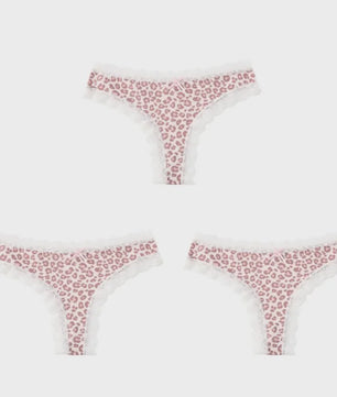 3-Pack Dames Slipjes met Kantrand - Low-Waist Thong & G-String in Luipaardprint en Effen Kleuren