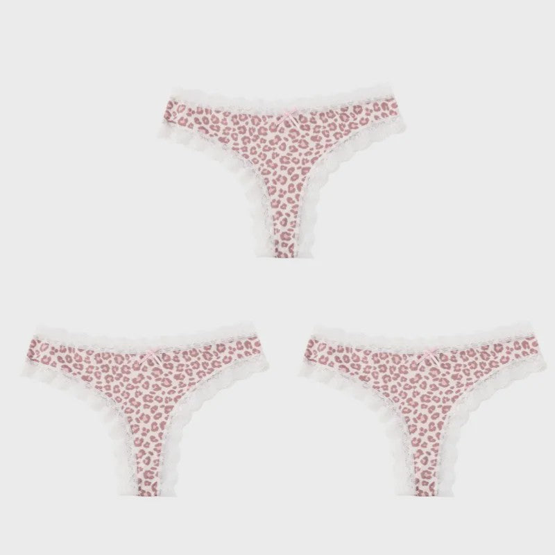 3-Pack Dames Slipjes met Kantrand - Low-Waist Thong & G-String in Luipaardprint en Effen Kleuren