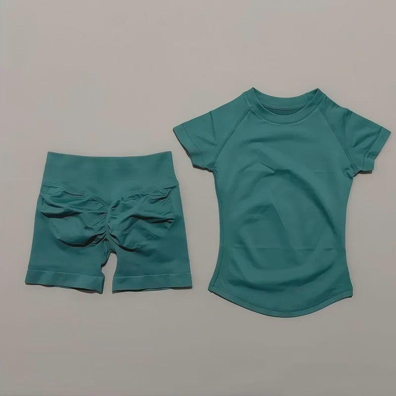 Seamless Sportset Dames: Yoga Top met Korte Mouw & Fitness Shorts