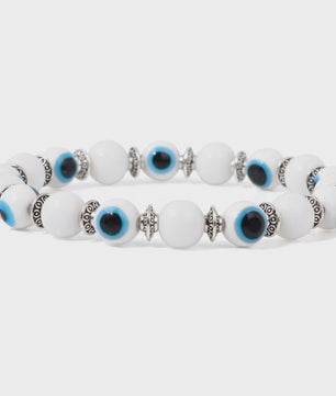 Set van 2 Handgemaakte Natuursteen Armbanden met Hanger Oog van Fatima & Lavasteen/Hematiet