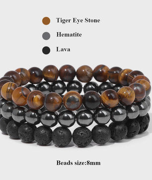 Set van 3 Natuursteen Armbanden: Rozenkwarts, Obsidiaan & Tijgeroog