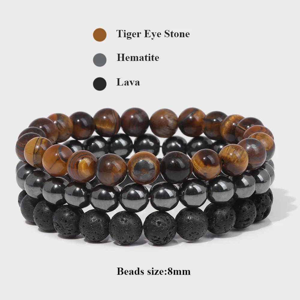 Set van 3 Natuursteen Armbanden: Rozenkwarts, Obsidiaan & Tijgeroog
