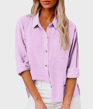 Dames Blouse met Lange Mouwen - Katoen Linnen Look