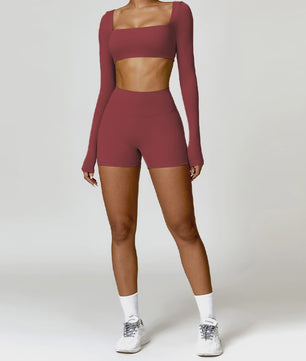 Dames Yoga Set 2-Delig: Sneldrogend Sportpak met Lange Mouwen Top en Hoge Taille Shorts