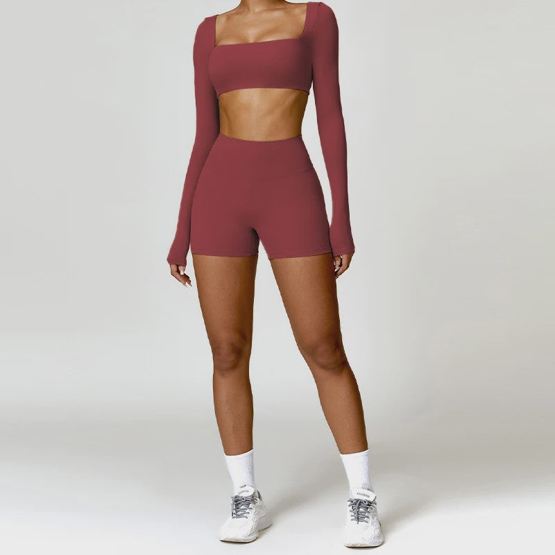 Dames Yoga Set 2-Delig: Sneldrogend Sportpak met Lange Mouwen Top en Hoge Taille Shorts