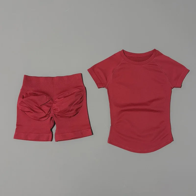 Seamless Sportset Dames: Yoga Top met Korte Mouw & Fitness Shorts
