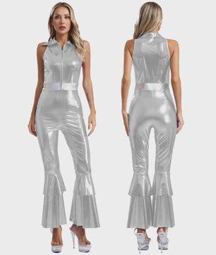 Dames Jumpsuit 70s Disco Metallic Met Wijde Pijpen en Flare Mouwen