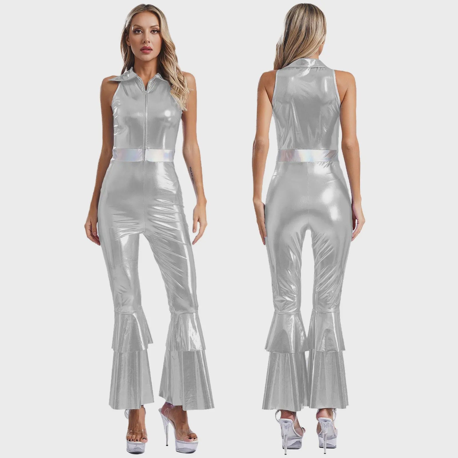 Dames Jumpsuit 70s Disco Metallic Met Wijde Pijpen en Flare Mouwen