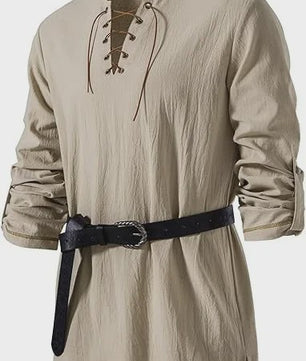Heren Middeleeuwse Tuniek met Vetersluiting - Renaissance, Viking & Piraat Kostuum Shirt
