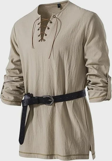 Heren Middeleeuwse Tuniek met Vetersluiting - Renaissance, Viking & Piraat Kostuum Shirt